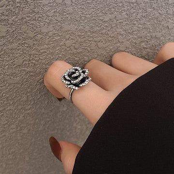 Vintage Korean Crystal Black Rose Flower Index Finger Rings Fashion Statement Jewelry Accessory For Women Trendy Open Rings Gift daiiibabyyy
